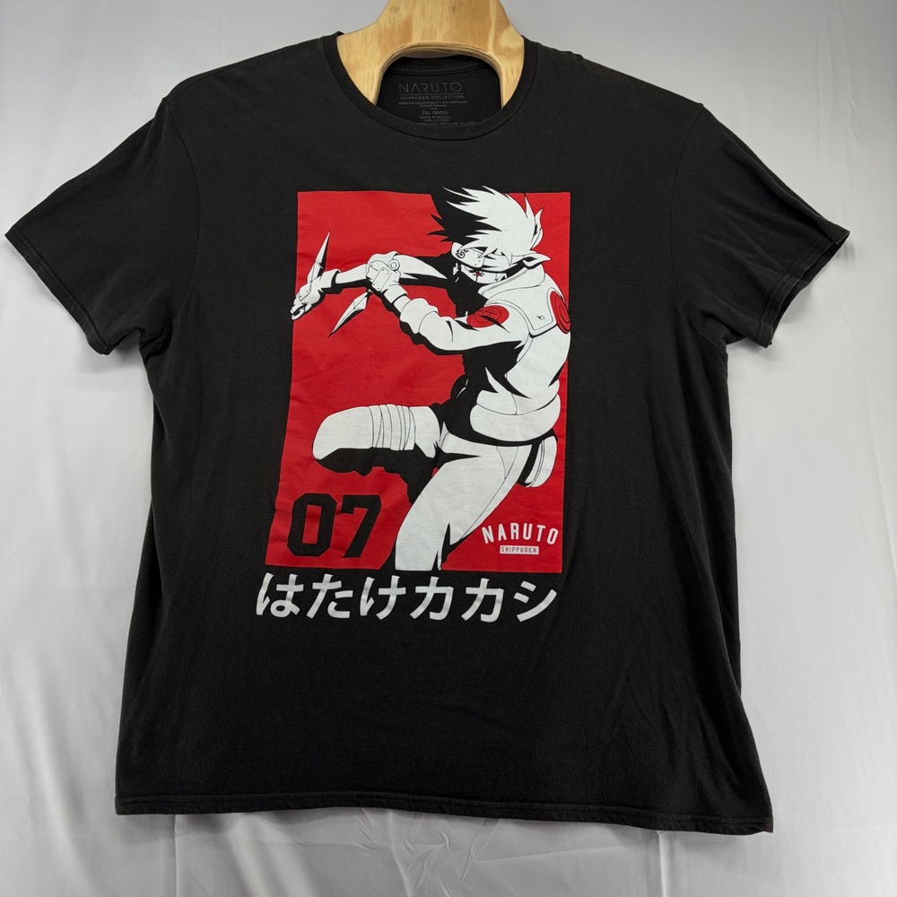 Naruto Shippuden Kakashi Hatake Graphic T-Shirt Mens 2XL Black Anime Tee 07